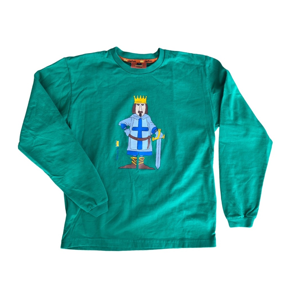 Green Long Sleeve Tee with Playful Castle Graphic